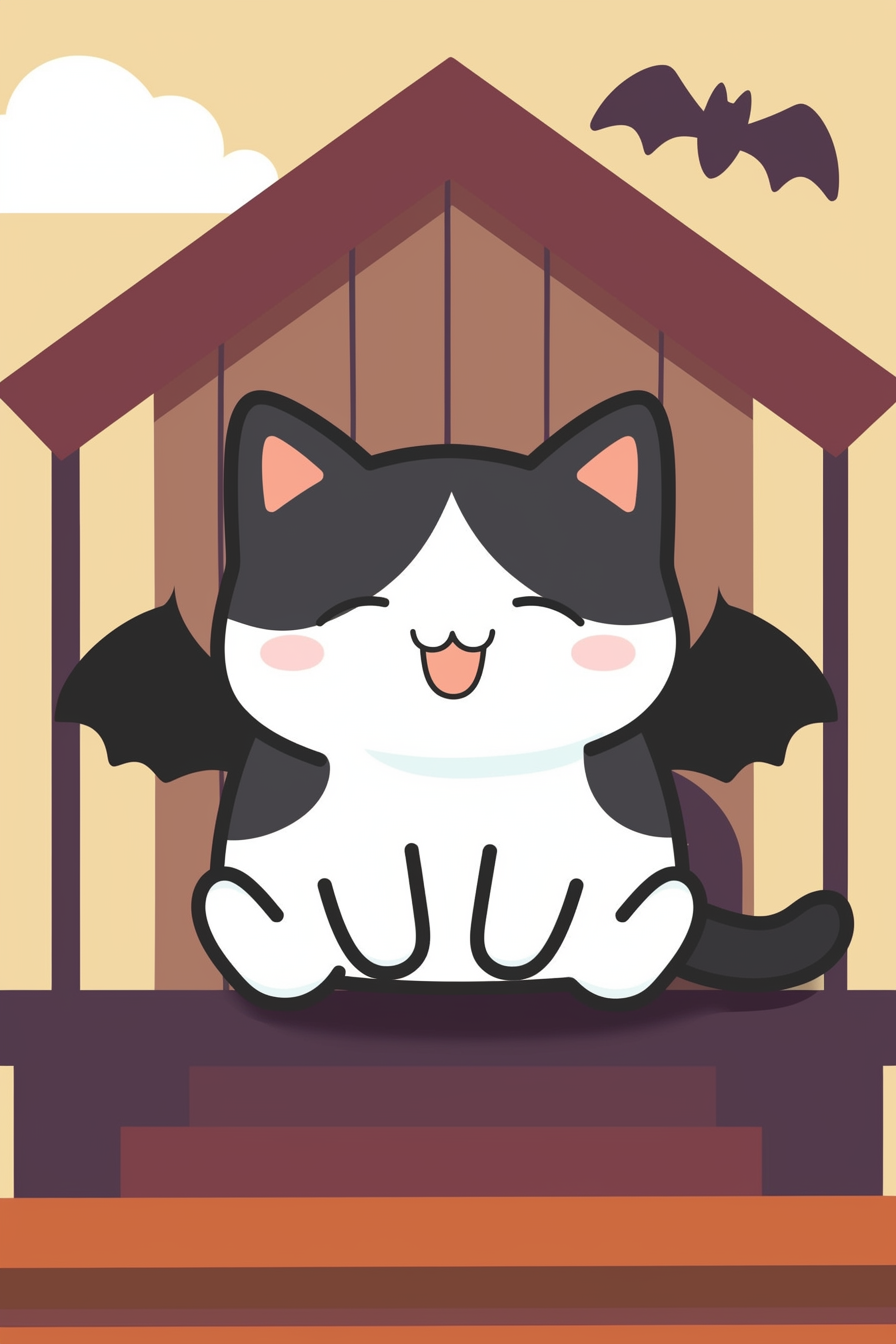 halloween cute animals drawings 2: A blissfully happy cat with bat wings, sitting on a porch, complete with a Halloween-themed backdrop.